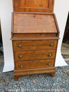 1 Piece Fruitwood 3 Drawer Secretary with Bonnet Top and Veneer Inlay; Desk Height 26"; Desk Width 21". Total height 71"