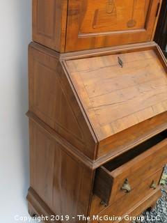 1 Piece Fruitwood 3 Drawer Secretary with Bonnet Top and Veneer Inlay; Desk Height 26"; Desk Width 21". Total height 71"