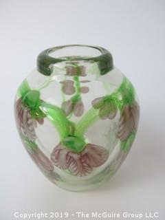 Hand Blown, Hand Painted Floral Art Glass; 6 1/2" tall