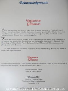 Book Title: "Summons to Greatness", published by friends of President Nixon; 1972