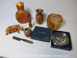 Collection including hand turned vessels, wood carved hippo, leather covered "owl" form bottle, silver plate Bonbon tray and antique iron tooth comb