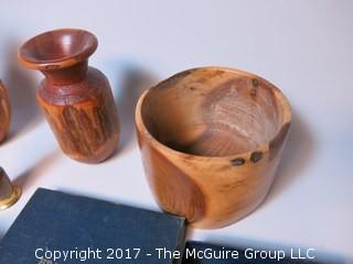 Collection including hand turned vessels, wood carved hippo, leather covered "owl" form bottle, silver plate Bonbon tray and antique iron tooth comb