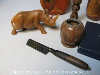 Collection including hand turned vessels, wood carved hippo, leather covered "owl" form bottle, silver plate Bonbon tray and antique iron tooth comb