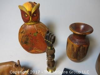 Collection including hand turned vessels, wood carved hippo, leather covered "owl" form bottle, silver plate Bonbon tray and antique iron tooth comb