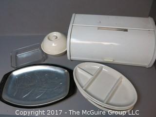 Collection including vintage tin bread box and set of (4) HALL oval plates