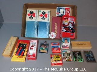 Collection including Dominoes, poker chips, sports cards and "Little Rascals" film