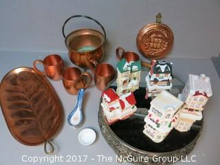 Collection including copperware, mirrored silverplate and holiday decorations 