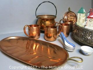 Collection including copperware, mirrored silverplate and holiday decorations 