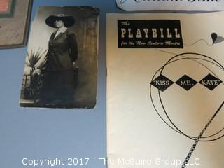 Collection including early photographs, playbills, M-C advertising, and pocket calculator