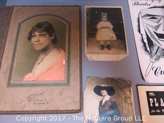 Collection including early photographs, playbills, M-C advertising, and pocket calculator