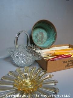 Collection including silverplate, glass, copper and dozens of candles 