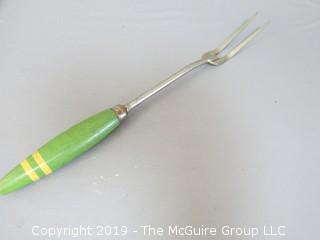 Collection of Wooden Handled Kitchen Utensils including ice pick (made in England) and meat fork; all with green painted  