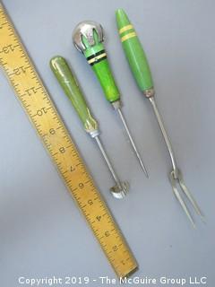 Collection of Wooden Handled Kitchen Utensils including ice pick (made in England) and meat fork; all with green painted  