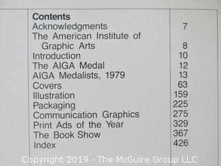 Book Title: "AIGA Graphic Design USA: 1 -The Annual of the American Institute of Graphic Arts"; authored by C. Ray Smith; designed by Miho; published by Watson-Giptill, New York;  1980