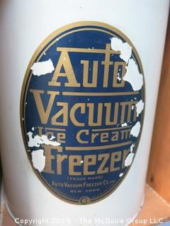 Auto Vacuum Ice Cream Freezer; with instruction book and recipe pamphlet; in original wooden stenciled box