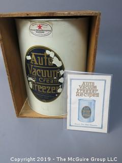 Auto Vacuum Ice Cream Freezer; with instruction book and recipe pamphlet; in original wooden stenciled box