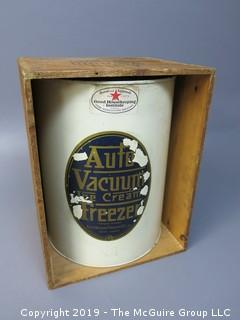 Auto Vacuum Ice Cream Freezer; with instruction book and recipe pamphlet; in original wooden stenciled box