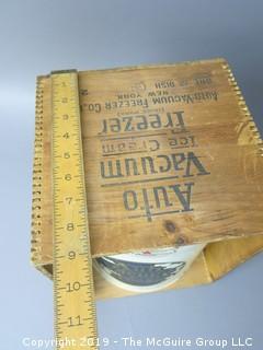 Auto Vacuum Ice Cream Freezer; with instruction book and recipe pamphlet; in original wooden stenciled box