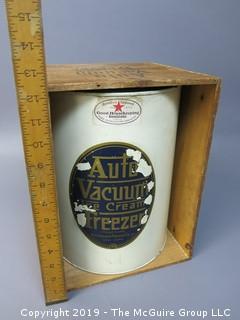 Auto Vacuum Ice Cream Freezer; with instruction book and recipe pamphlet; in original wooden stenciled box