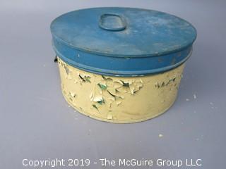 Vintage Stenciled Cake Tin Carrier; with hinged lid; marked Fries