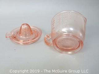 Pink Glass Juicer/Reamer with Matching Measuring Cup 