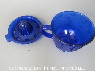 Blue Glass Juicer/Reamer with Matching Measuring Cup 