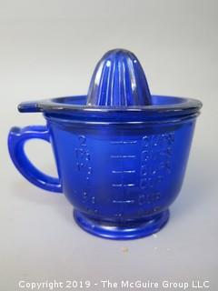 Blue Glass Juicer/Reamer with Matching Measuring Cup 