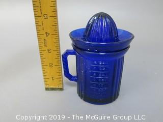 Blue Glass Juicer/Reamer with Matching Measuring Cup 