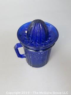 Blue Glass Juicer/Reamer with Matching Measuring Cup 