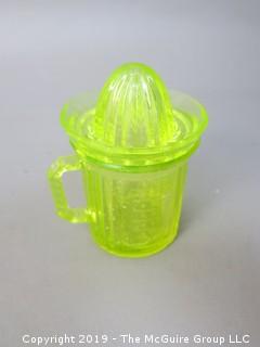 Vaseline Depression Glass Juicer/Reamer with Matching Measuring Cup 