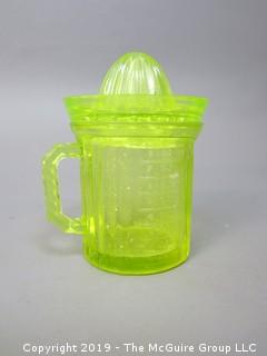 Vaseline Depression Glass Juicer/Reamer with Matching Measuring Cup 