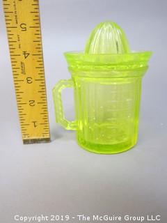 Vaseline Depression Glass Juicer/Reamer with Matching Measuring Cup 