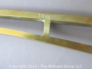 24" tall Old Brass Scale; marked "N & C"; "#5", "10kg"