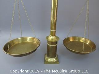 24" tall Old Brass Scale; marked "N & C"; "#5", "10kg"