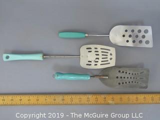 (3) Aqua Paint Handled Wooden Slotted Spatulas