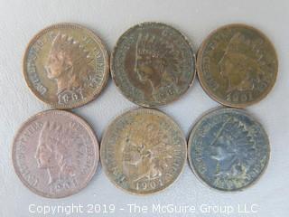 (6) 1901 Indian Head Cents