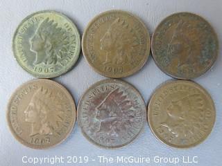 (6) 1907 Indian Head Cents