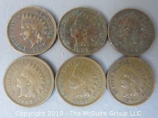 (6) 1907 Indian Head Cents