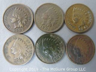 (6) 1901 Indian Head Cents