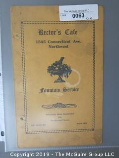 Vintage Menu; "Rector's Cafe"; 1345 Connecticut Ave. NW, Washington DC 