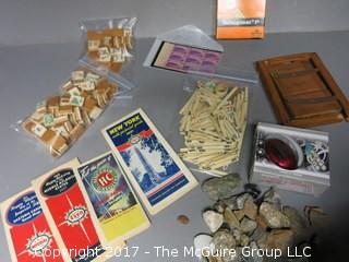 Collection including vintage road maps, majong pieces, minerals and collectible postage stamps 