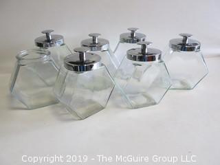 (7) Hexagonal Clear Glass Canisters; 1 top missing