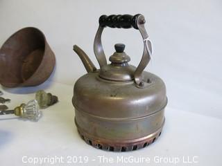 Collection including vintage flashlight, tea kettle and door hardware