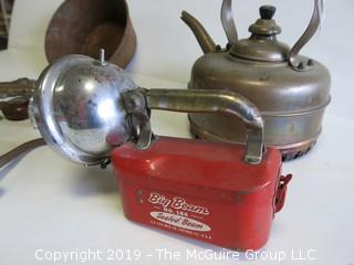 Collection including vintage flashlight, tea kettle and door hardware