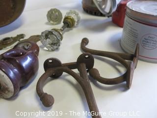 Collection including vintage flashlight, tea kettle and door hardware