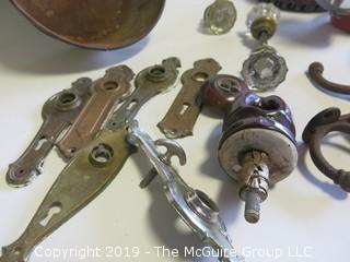 Collection including vintage flashlight, tea kettle and door hardware