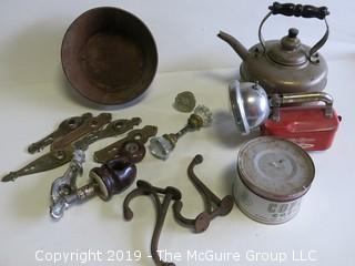 Collection including vintage flashlight, tea kettle and door hardware