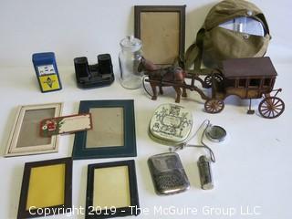 Collection including hand carved horse and coach; frames and lighters 