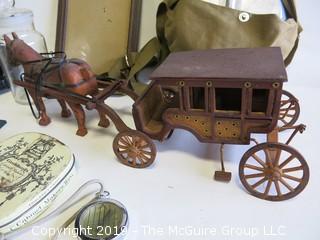 Collection including hand carved horse and coach; frames and lighters 