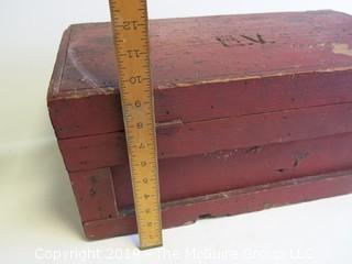 Vintage handmade wooden tool box with locking hasp and end handles